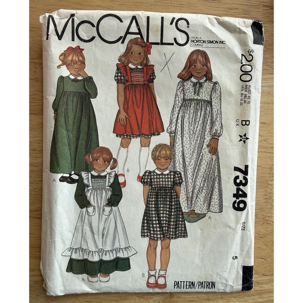 McCall's Pattern 7349 Girls Dress, Pinafore & Transfer Size 5 Cut Complete